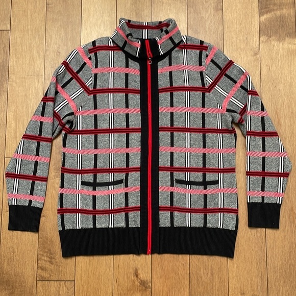 Alison Sheri plaid checkered cardigan jacket zip up L red white black collar - Picture 9 of 14